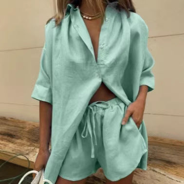Damen luftige Leinenbluse mit Shorts Drune