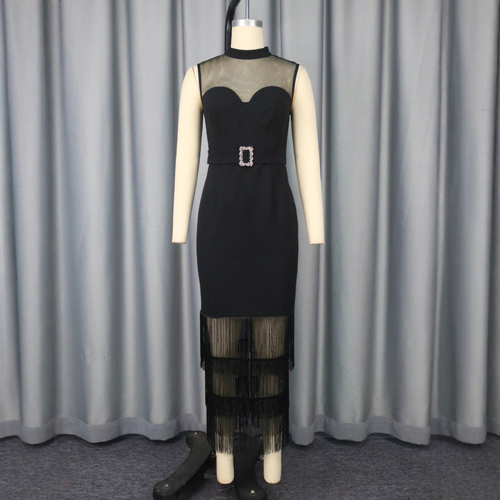 Damen Glamouröses Cocktailkleid mit transparentem oberen Einsätzen und Fransen Drune