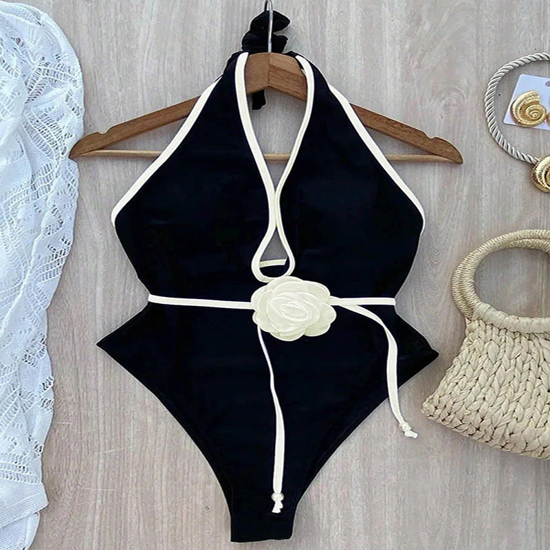 Damen Eleganter Hochgeschnittener Badeanzug mit floraler Applikation und tiefem V-Ausschnitt Drune