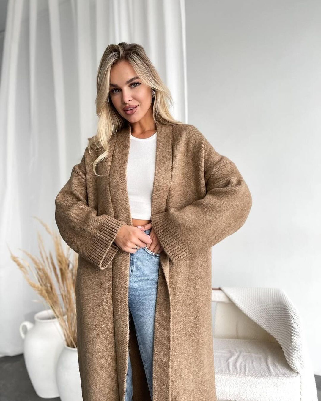 Damen Lange Strickjacke mit tiefem Kragen Drune