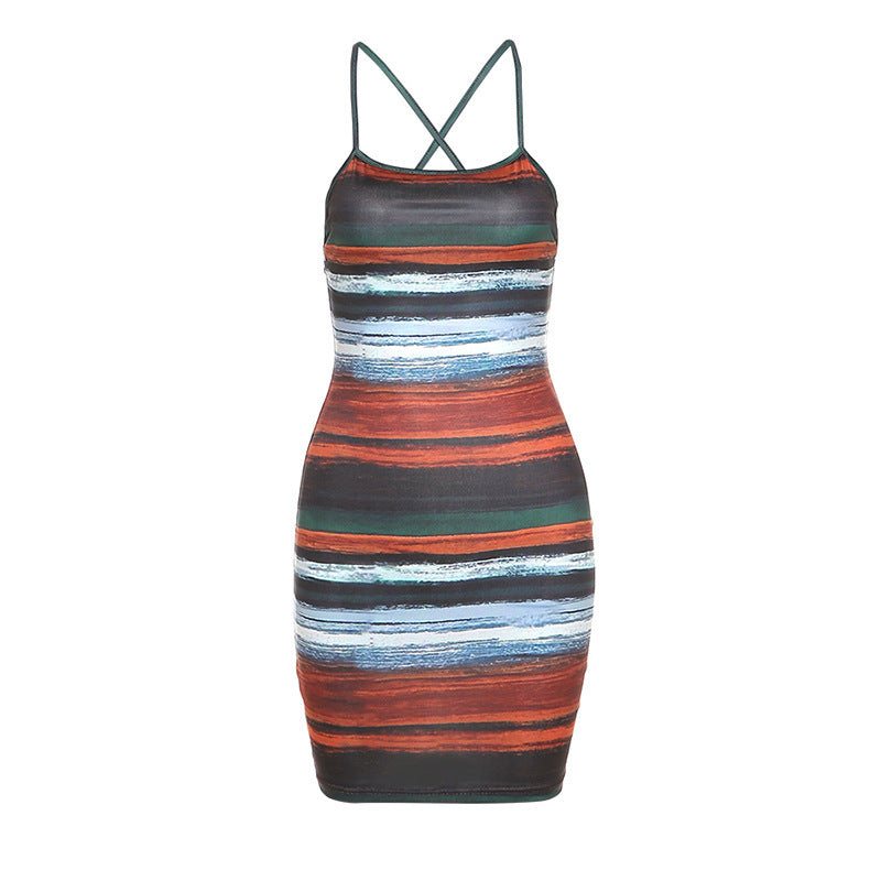 Damen Figurbetontes Spaghettiträger Kleid mit Streifenmuster Drune