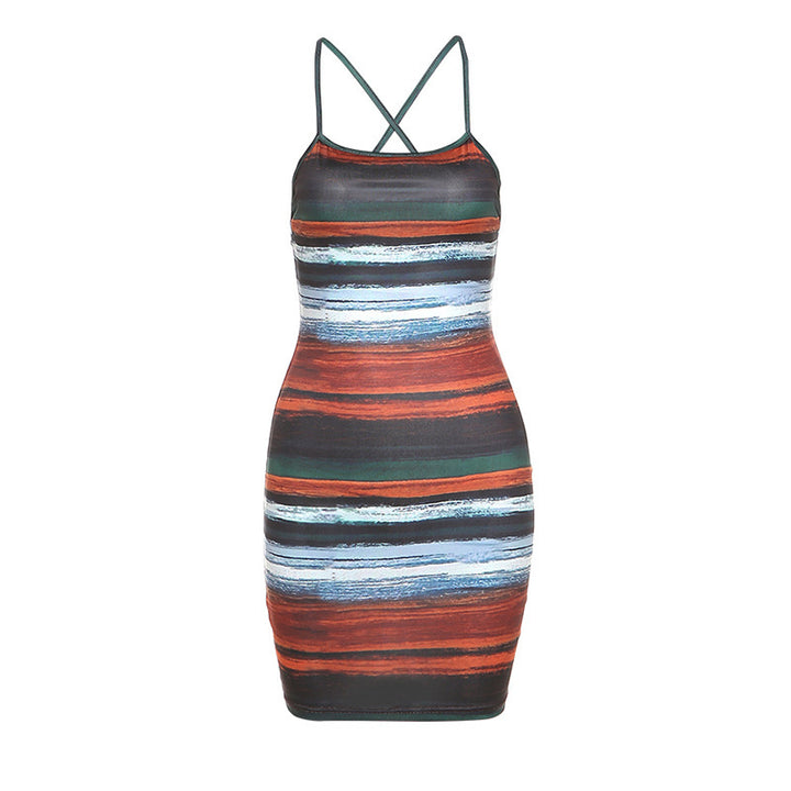 Damen Figurbetontes Spaghettiträger Kleid mit Streifenmuster Drune