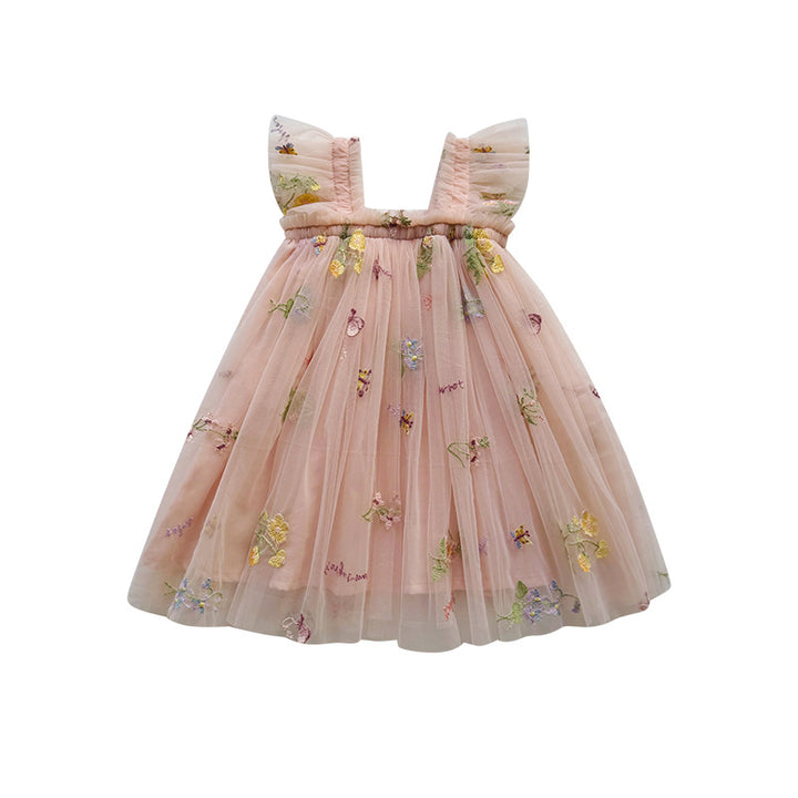 Mädchen Besticktes Tüll Partykleid mit Rüscheträgern Drune