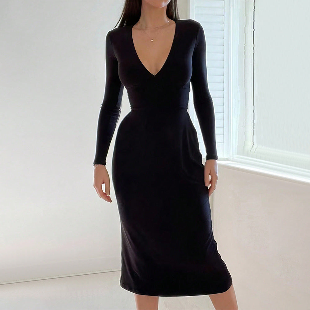Damen elegantes Midi-Kleid mit tiefem V-Ausschnitt und langem Arm Drune