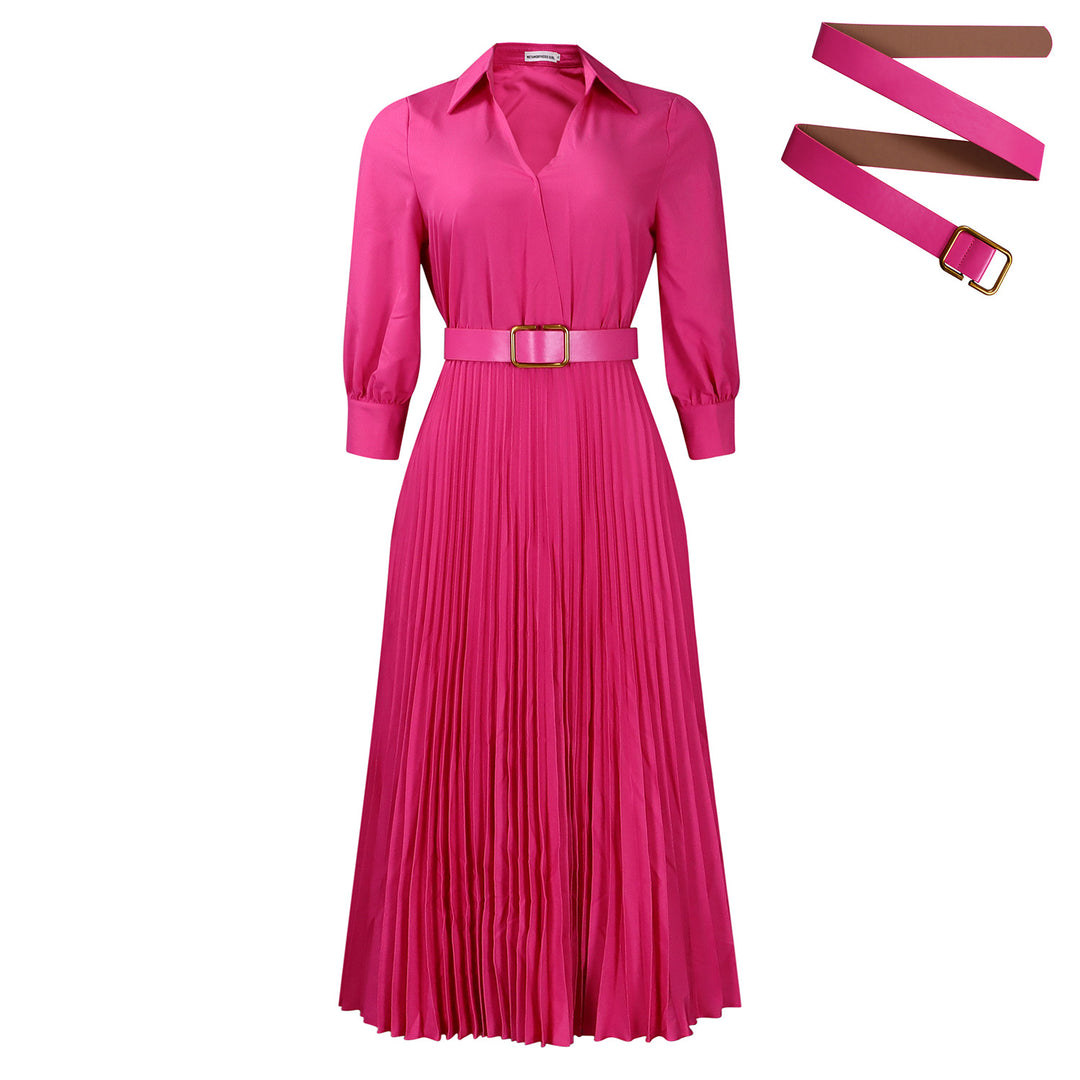 Damen Plissiertes Midikleid mit elegantem Blazerkragen und dekorativem Gürtel Drune