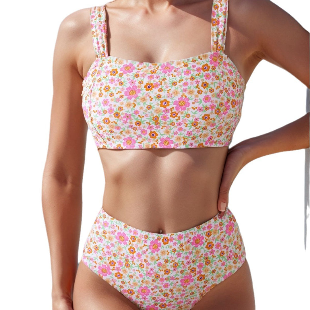 Damen Hochgeschnittener Bikini mit Blumenmuster und breiten Trägern Drune