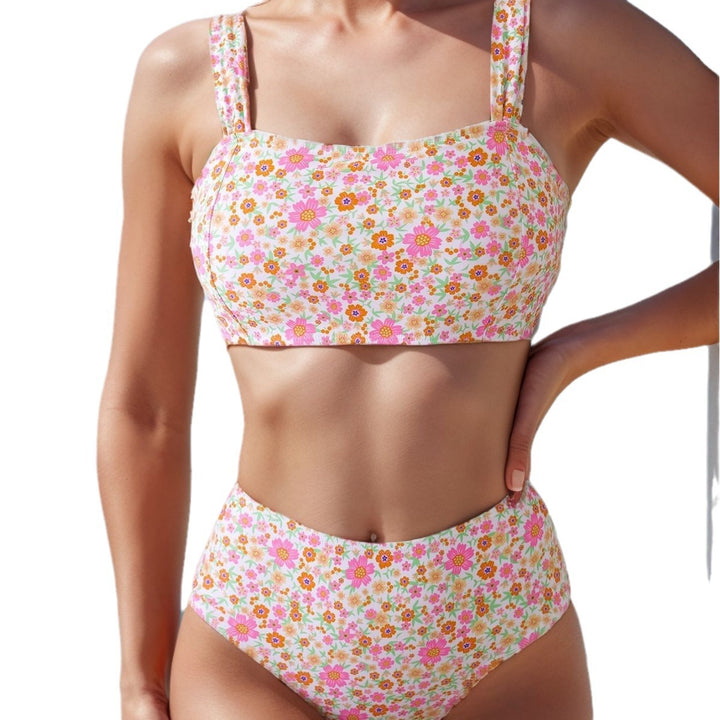 Damen Hochgeschnittener Bikini mit Blumenmuster und breiten Trägern Drune