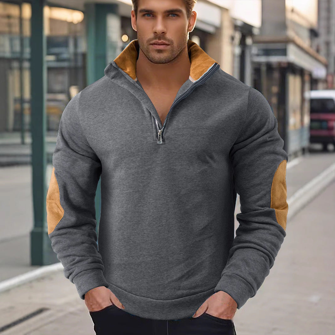 Herren nan Kurzzip-Stehkragenpullover mit Kontrastkragen und Wildleder-Ellenbogenpatches Drune