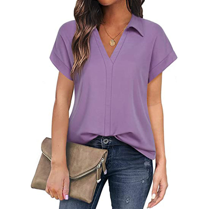 Damen V-Ausschnitt Bluse mit kurzen Ärmeln und eleganter Knopfleiste Drune
