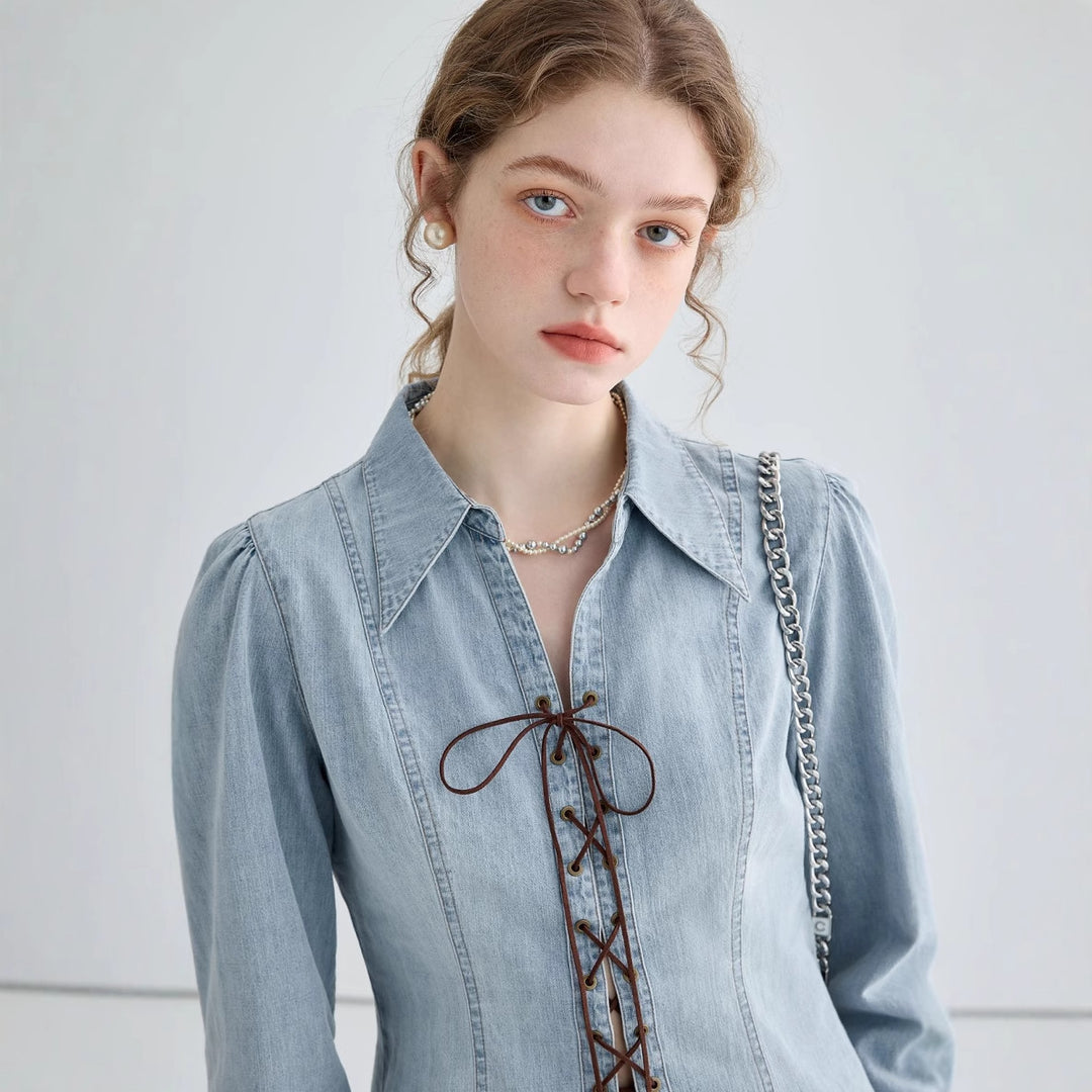 Damen Jeansbluse mit verspielten Schnürdetails und elegantem Schnitt Drune