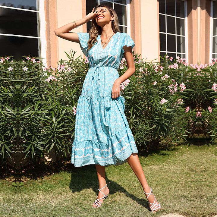 Damen sommerliches Maxikleid mit floralem Schnitt und Rüschendetails Drune