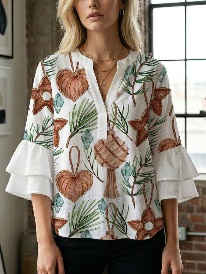 Damen Blusenshirt mit voluminösen Ärmeln und kreativem Druckdesign Drune