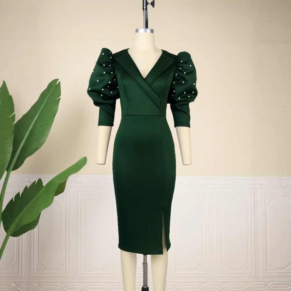 Damen figurbetontes Kleid mit eleganten Puffärmeln und Schlitz Drune