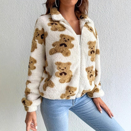 Damen kuschelige Fleecejacke mit Bärenmuster und durchgehendem Reißverschluss Drune