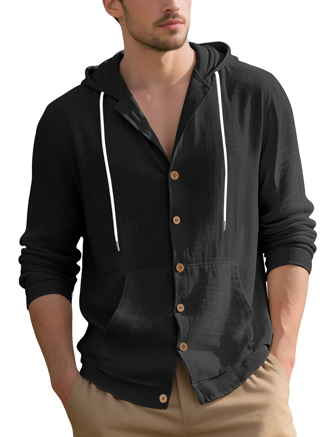 Herren nan leichtes Kapuzen-Übershirt im Crinkle-Look mit Holzknopfleiste und Kängurutasche Drune