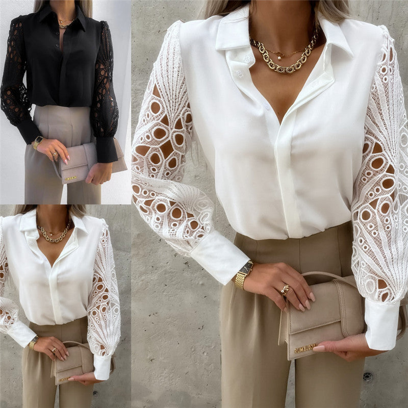 Damen Elegante Bluse mit romantischen Spitzenärmeln Drune