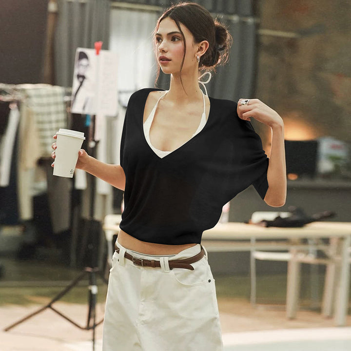 Damen Oversize T-Shirt mit tiefem V-Ausschnitt Drune