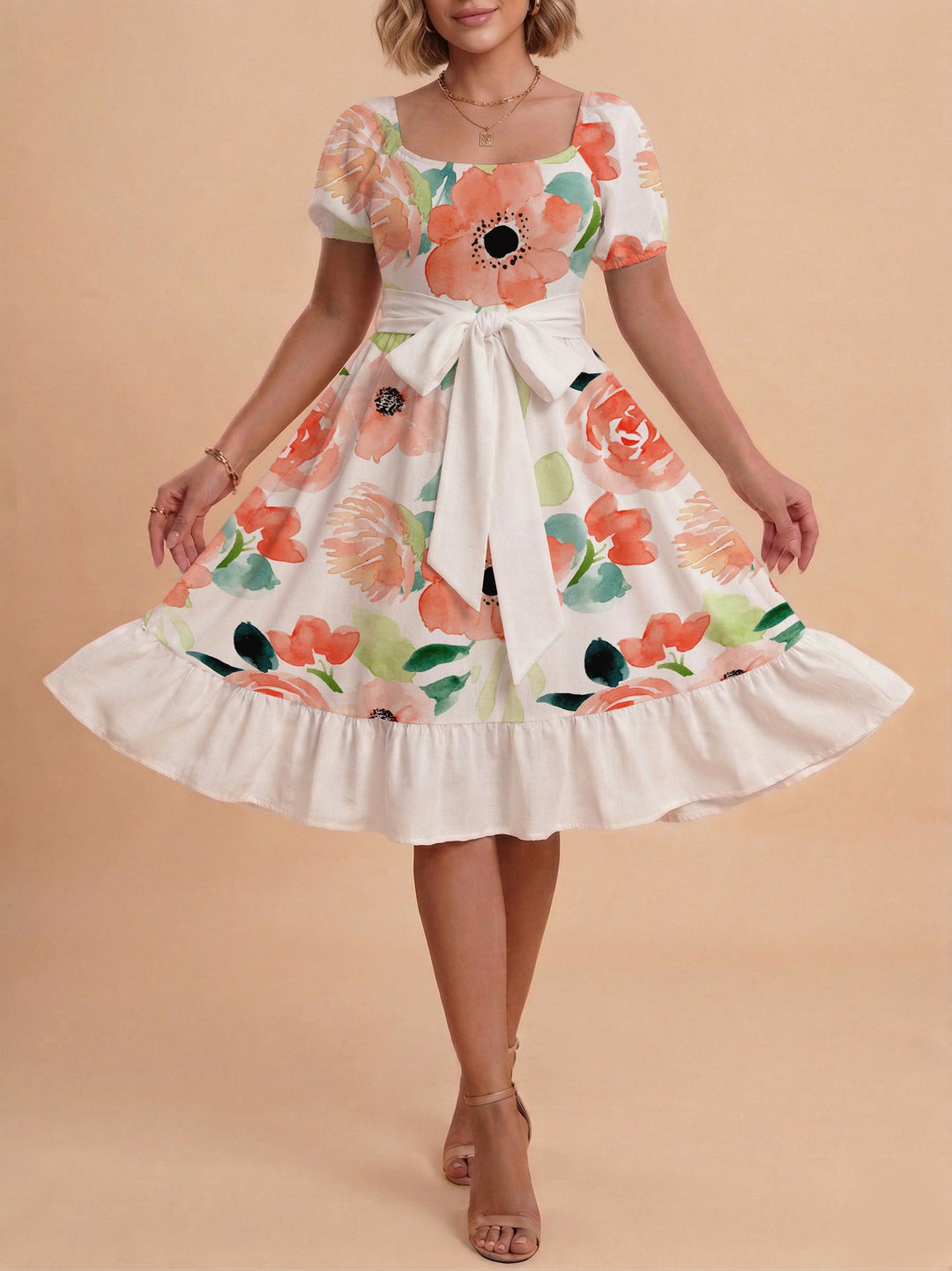 Damen Sommerliches Blumenkleid mit taillierbarem Gürtel und voluminösen Ärmeln Drune