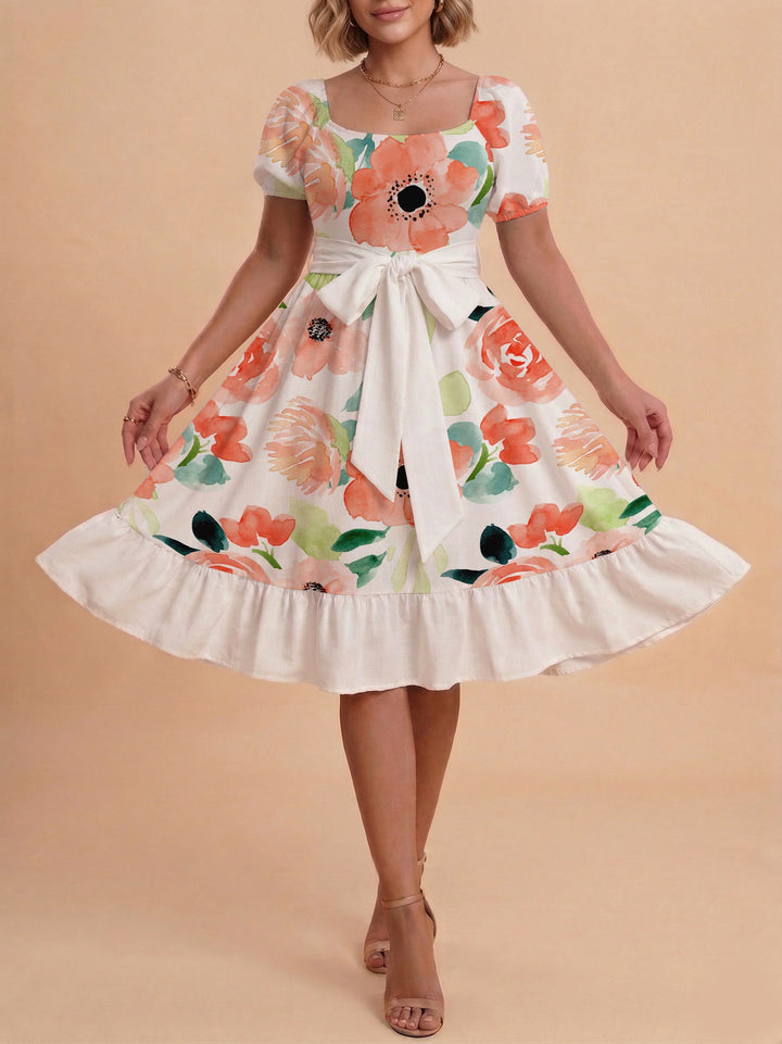 Damen Sommerliches Blumenkleid mit taillierbarem Gürtel und voluminösen Ärmeln Drune