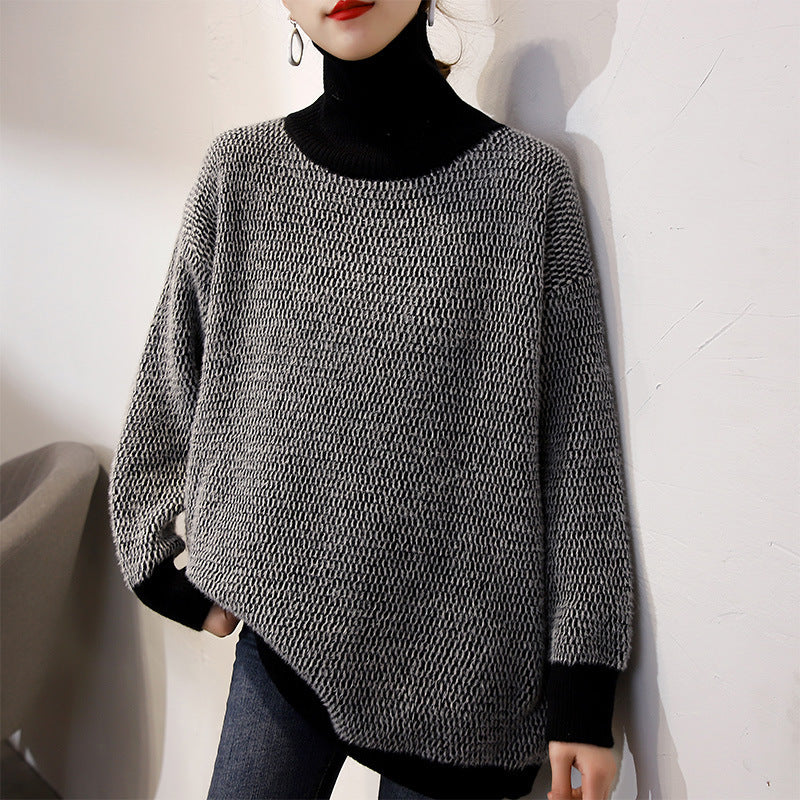 Damen Grobstrickpullover mit hohem Kragen und modernem Muster Drune