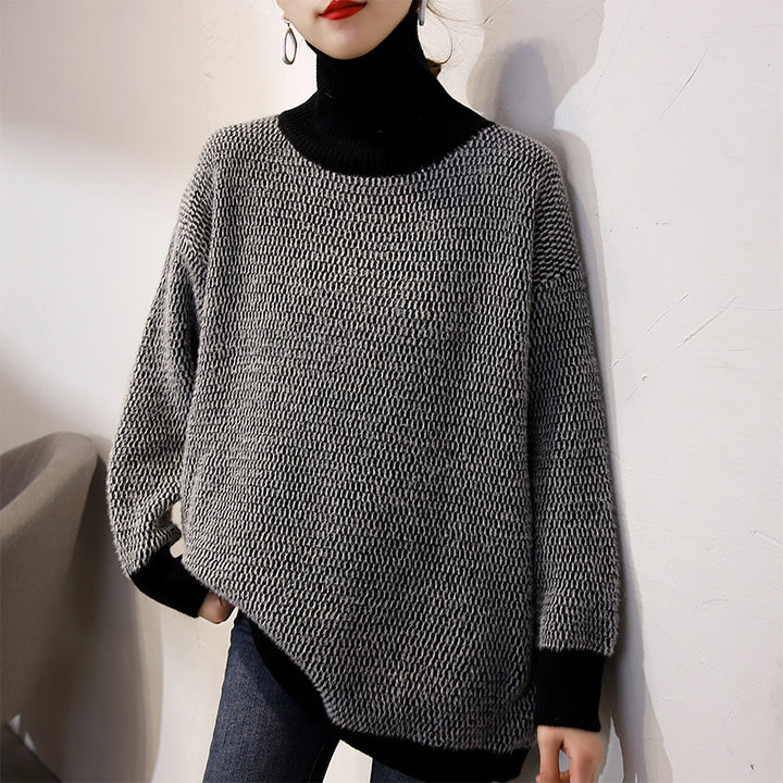 Damen Grobstrickpullover mit hohem Kragen und modernem Muster Drune