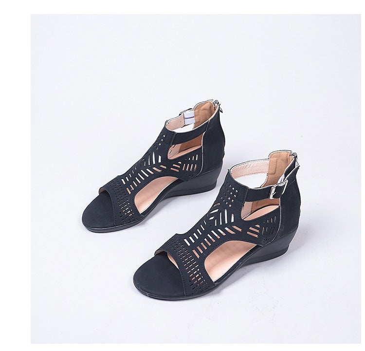 Damen Keil-Sandalen mit modischem Lochdesign und verstellbarem Riemen Drune