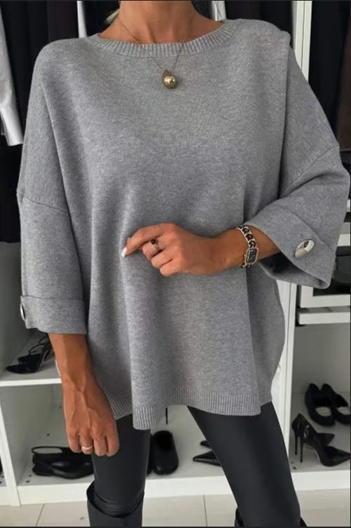 Damen lässiger Strickpullover mit modischen Knopfdetails Drune