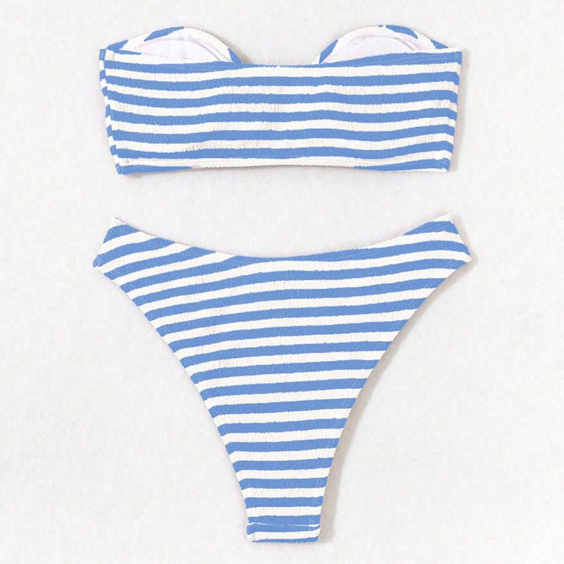 Damen Bandeau-Bikini mit gestreiftem Design und modischer Schnalle Drune