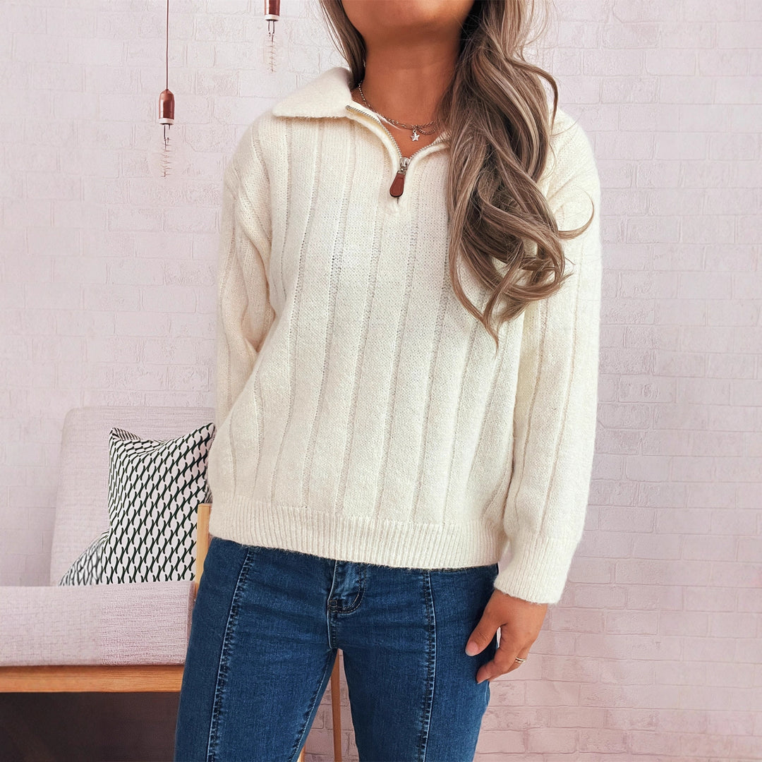 Damen Strickpullover mit kurzer Reißverschlussleiste und Wellenstruktur Drune