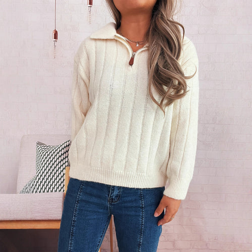 Damen Strickpullover mit kurzer Reißverschlussleiste und Wellenstruktur Drune