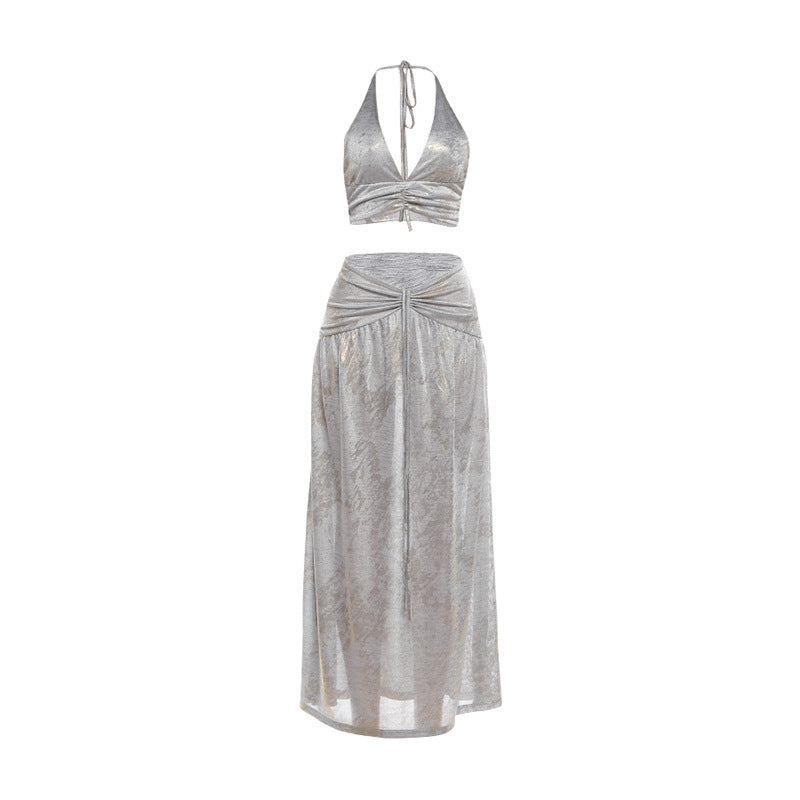 Damen Zweiteiliges glitzerndes Maxikleid mit raffinierten Schnürdetails Drune