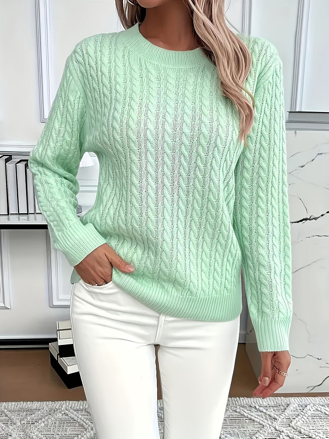 Damen nan Feinstrick-Zopfmuster Pullover mit Rundhalsausschnitt und tailliertem Schnitt Drune