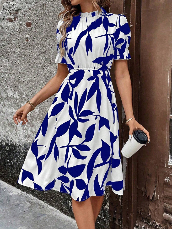Damen Elegantes Midi-Kleid mit modischem Pflanzenmuster und Gummizug in der Taille Drune