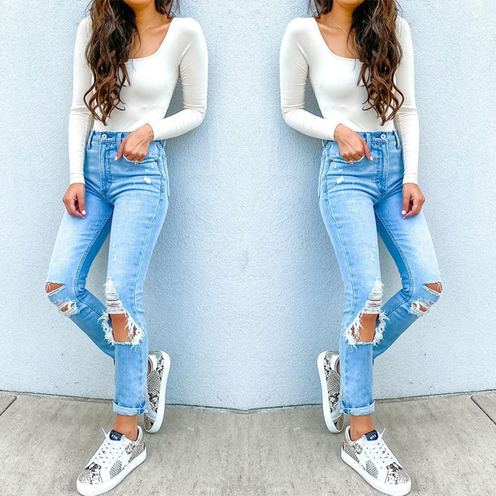 Damen Hochtaillierte Skinny Jeans mit modischen Rissen Drune