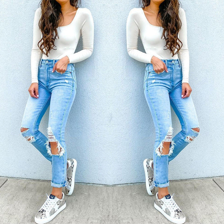 Damen Hochtaillierte Skinny Jeans mit modischen Rissen Drune
