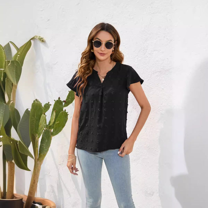 Damen Leichtes Kurzarmblusenshirt mit strukturiertem Material und eleganten Details Drune