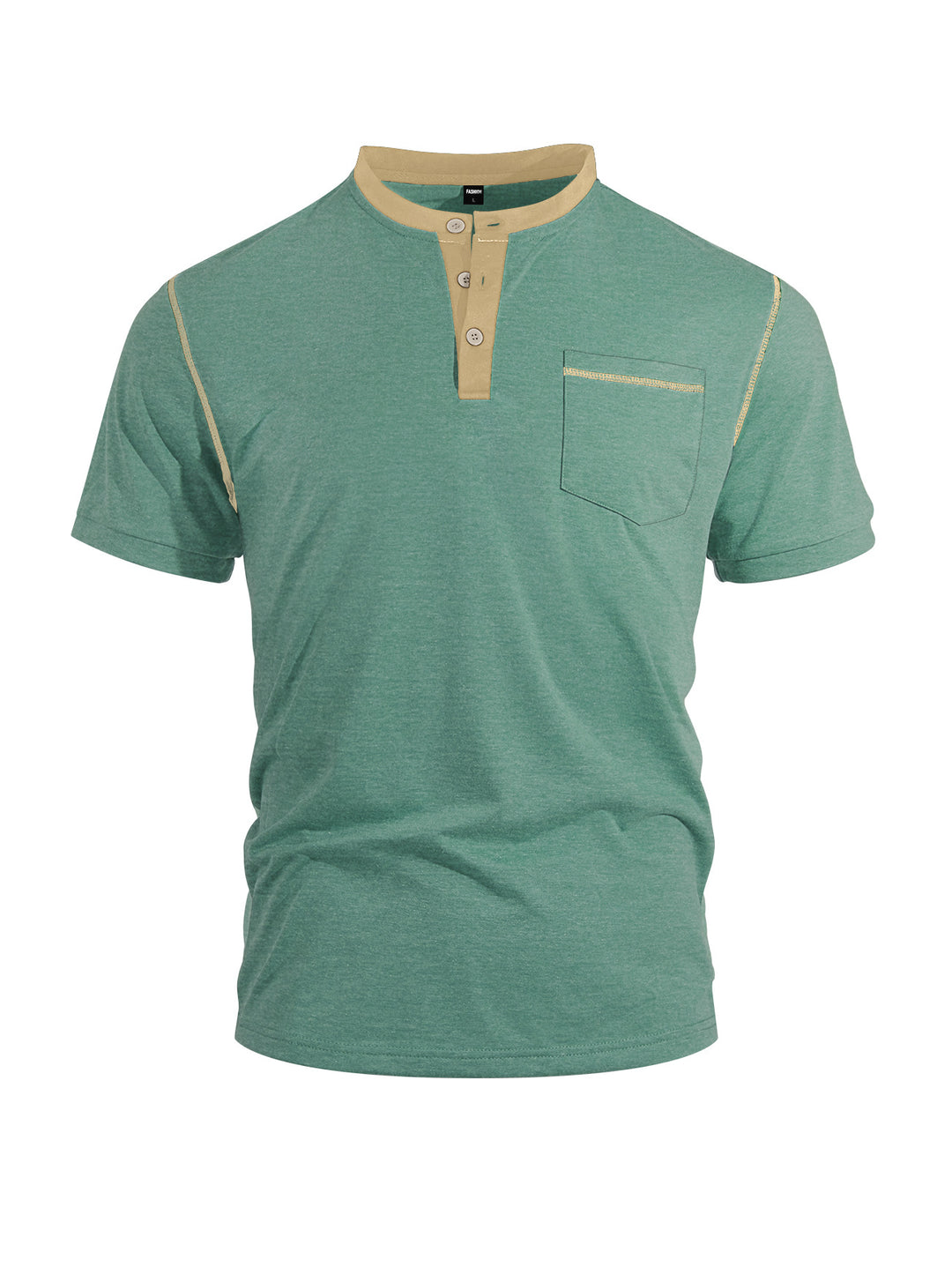 Herren nan legeres Kurzarm-Bandkragenshirt mit Knopfleiste Brusttasche und Flatlocknähten Drune