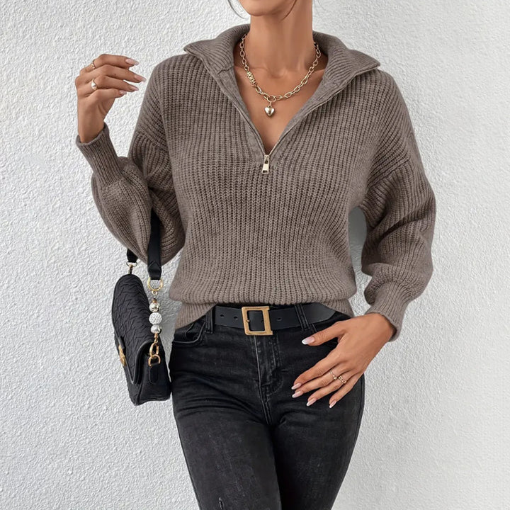 Damen Kuscheliger Strickpullover mit elegantem Stehkragen und Reißverschluss Drune