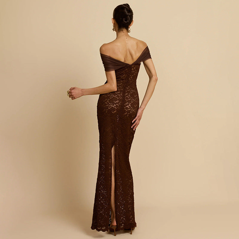Damen Spitzen-Maxikleid mit schulterfreiem Design und elegantem Drapierungseffekt Drune
