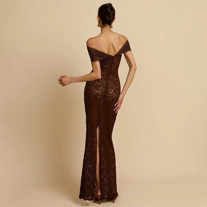 Damen Spitzen-Maxikleid mit schulterfreiem Design und elegantem Drapierungseffekt Drune