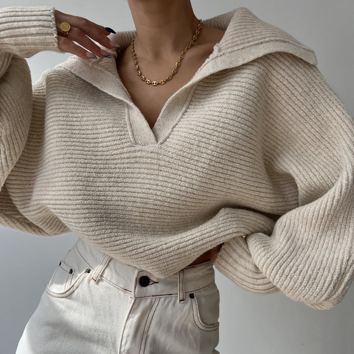 Damen nan Grobstrick-Pullover mit weitem Kragen und V-Ausschnitt Drune
