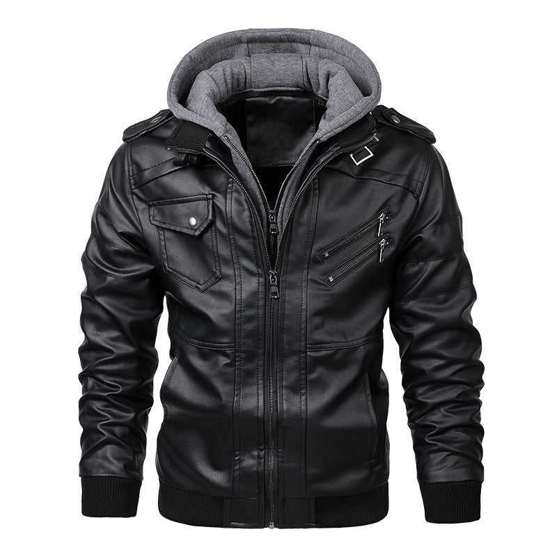 Herren Kunstlederjacke mit abnehmbarer Kapuze und praktischen Taschen Drune