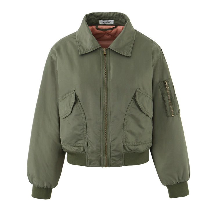 Damen modische Bomberjacke mit doppelten Taschen und weichem Futter Drune
