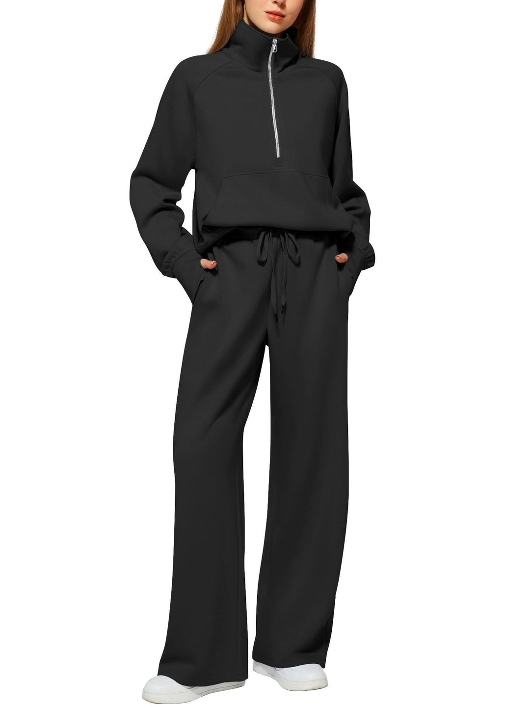 Damen Sportliches Fleece-Kombinationsset mit hohem Kragen und seitlichen Taschen Drune