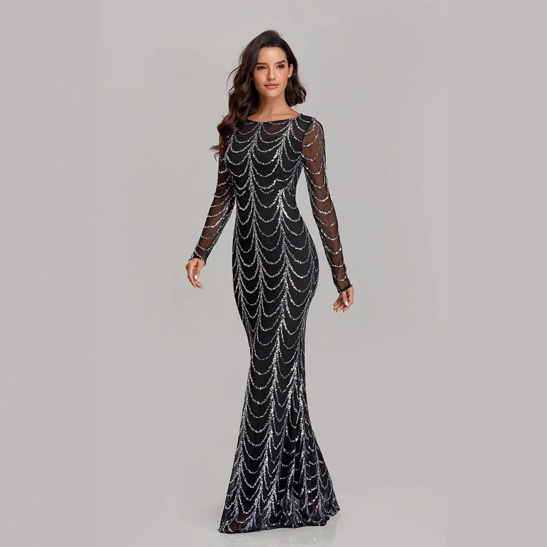 Damen Figurbetontes Abendkleid mit transparenten Ärmeln und Paillettenverzierung Drune