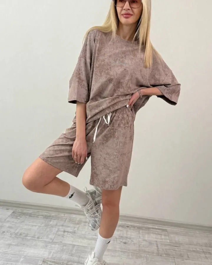 Damen lässiges Kurzarm-Set aus weichem Material mit bequemen Shorts Drune