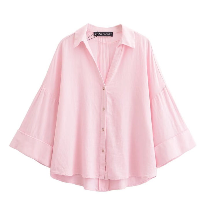 Damen nan lockere oversized Hemdbluse mit weitem Kragen und Dreiviertelärmeln Drune