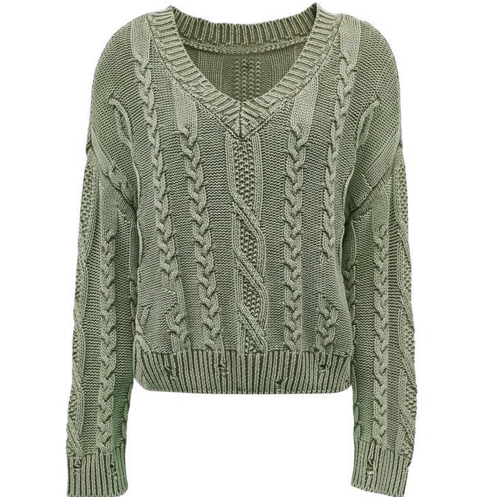Damen Strickpullover mit Zopfmuster und V-Ausschnitt Drune