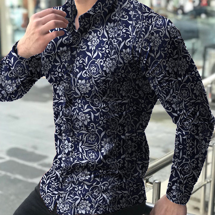 Herren nan figurbetontes Langarmhemd mit feinem Ornamentmuster und stretch Baumwollmischung Drune