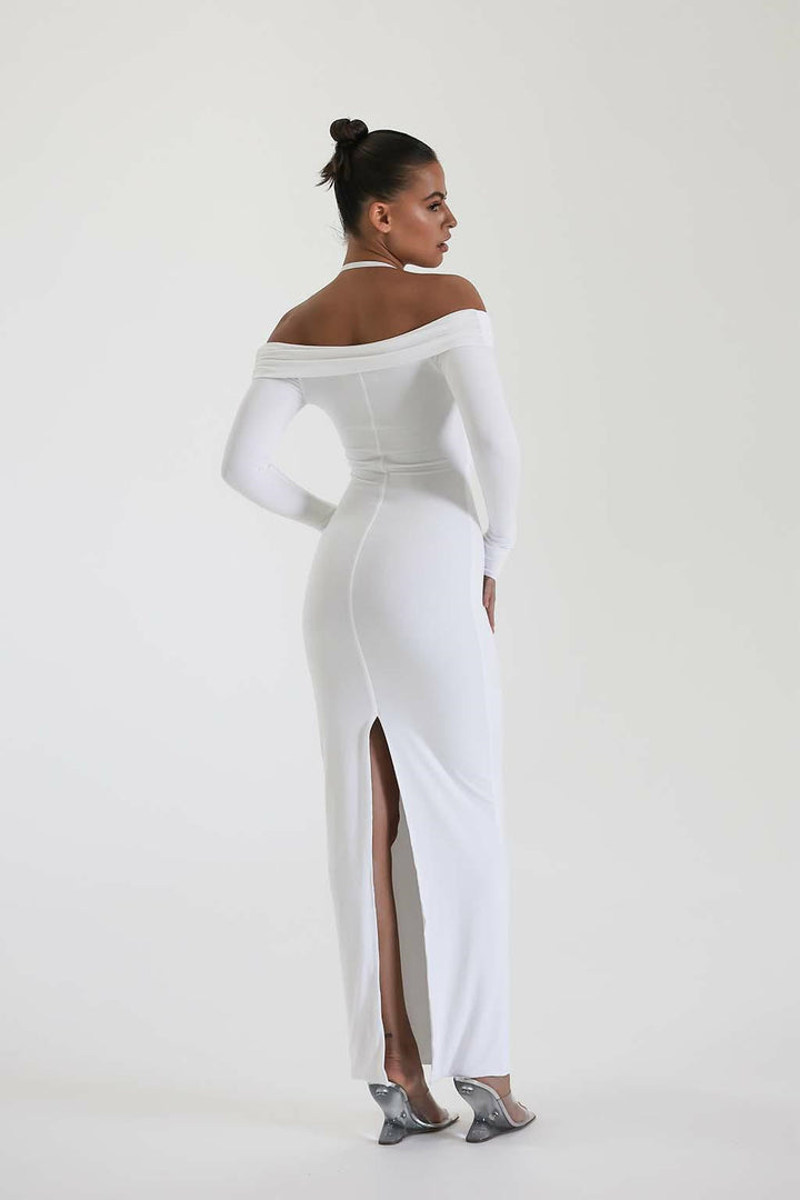 Damen Maxi-Kleid mit Off-Shoulder Design und elegantem Schlitz Drune